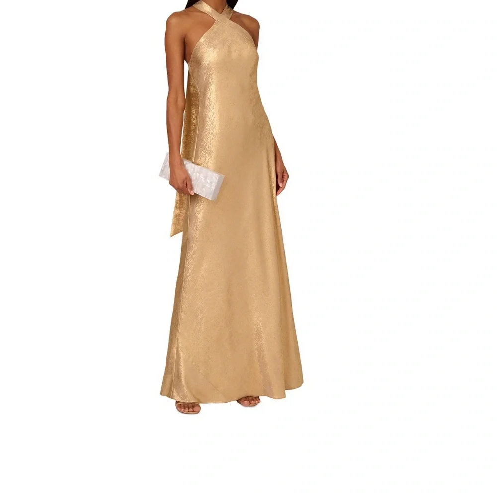 Adrianna Gold Halter Neck Evening Gown - Picture 2 of 4